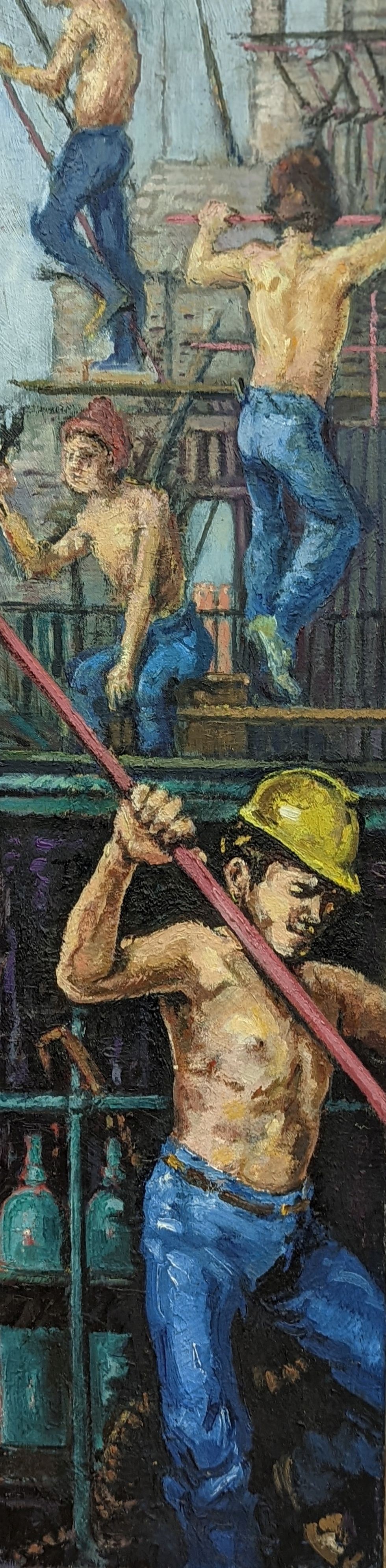 Vladimir Caruana, oil on canvas, 'Scaffolders', inscribed verso, 76 x 20cm, unframed